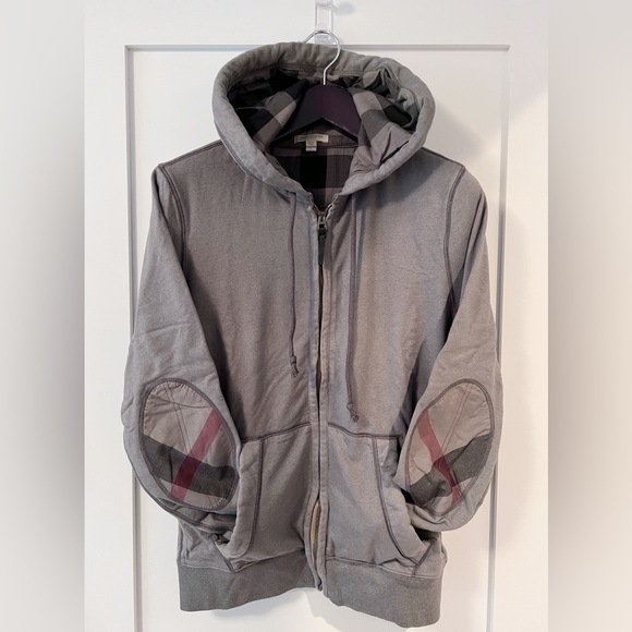 Burberry Gray Zip Up Sweater with Plaid Accents - Picture 1 of 3